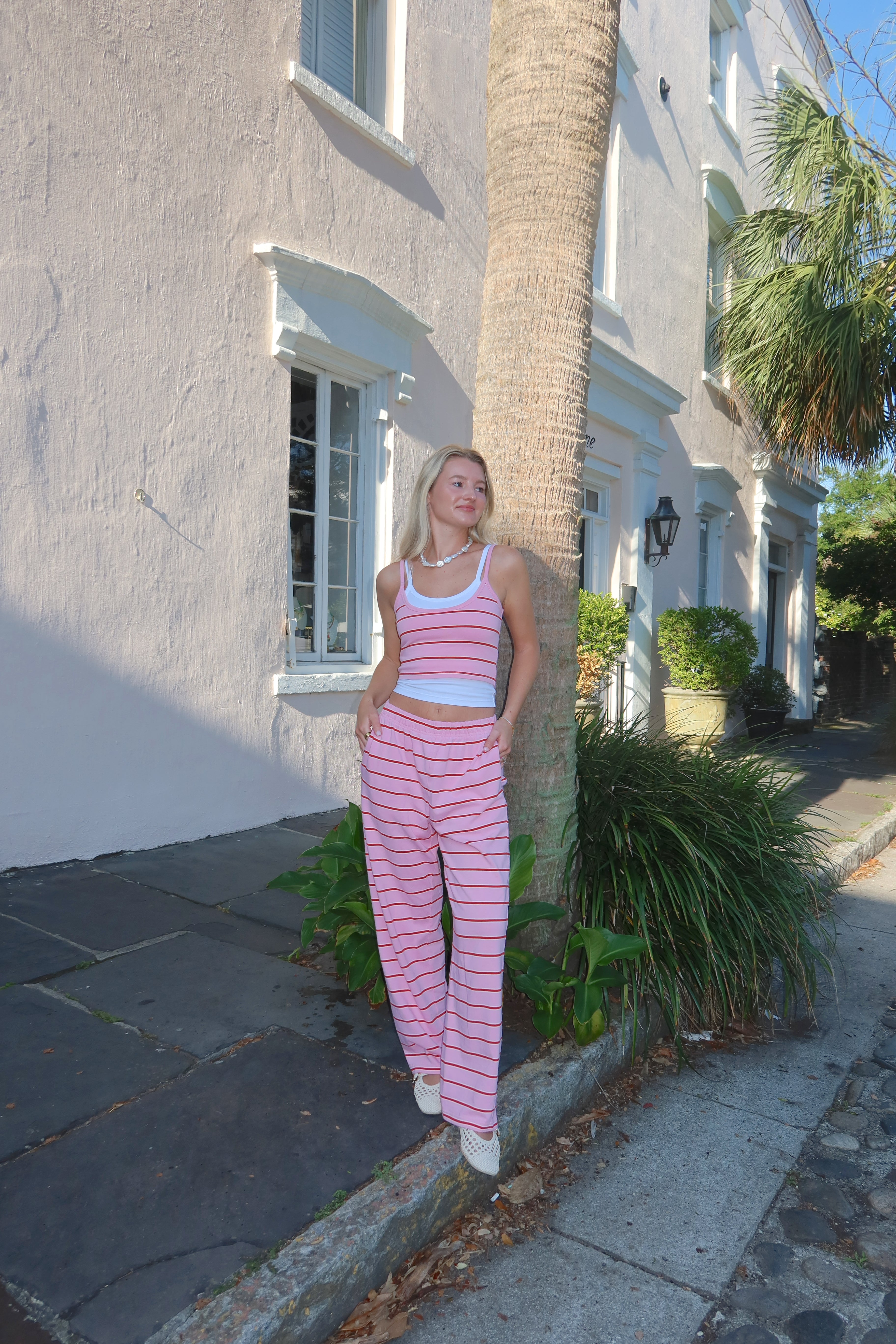 Blonde Palm pink and white stripe pants in womens coastal clothing brand