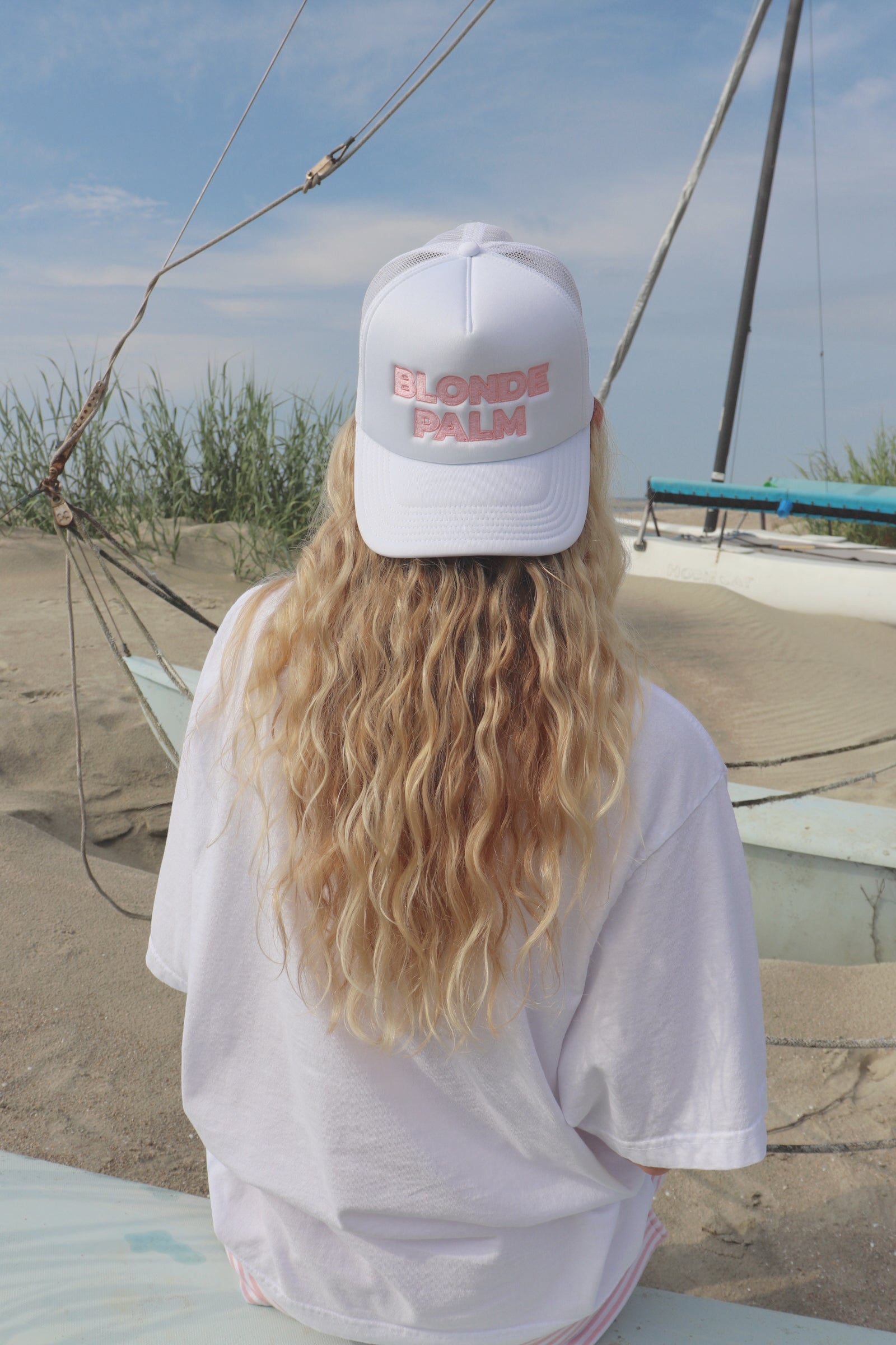 Womens beach hat, pink trucker hat, coastal trucker hat