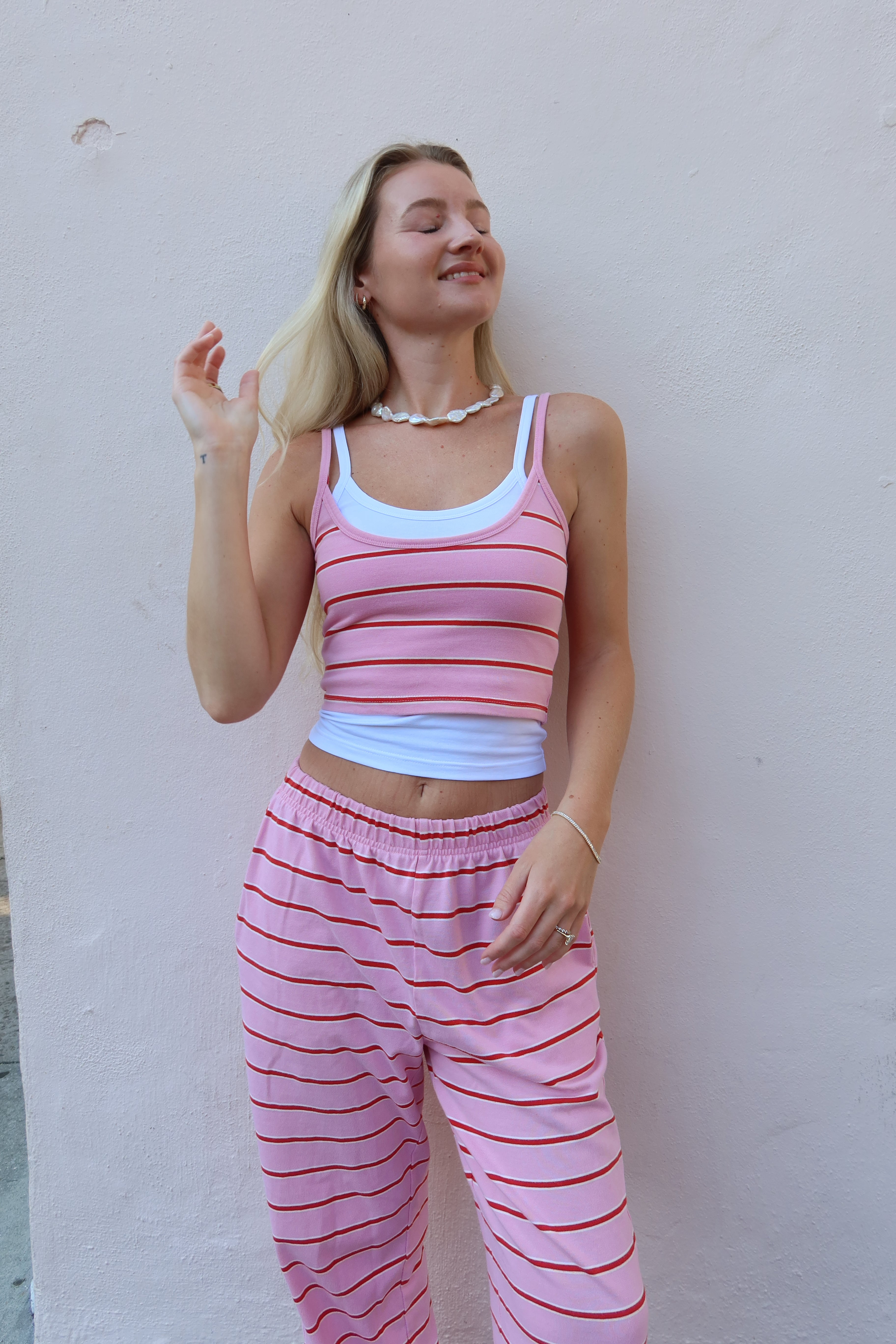 Blonde Palm pink and white stripe double layer tank top in coastal Womens lifestyle brand