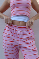 Blonde Palm pink and white stripe pants in womens coastal clothing brand