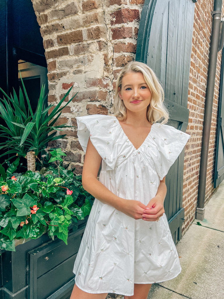 Flora Dress - Blonde Palm Boutique- White Floral Embroidered Summer Dress